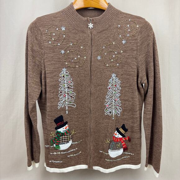 Mercer Street Studio Heather Brown Full Zip Cardigan Christmas Sweater Small - Picture 1 of 12